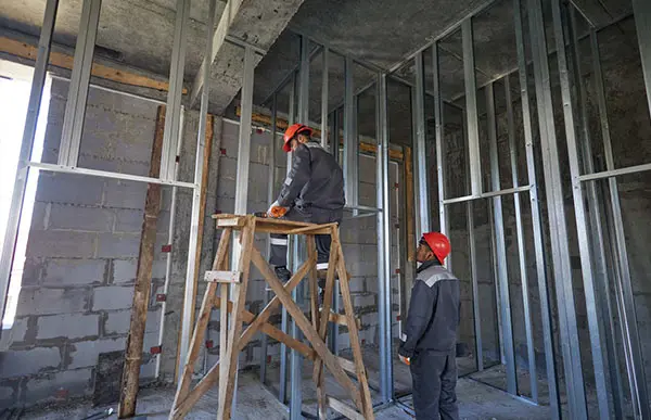 يظهر راجل واقفا من الخلف واضعا يديه الاثنان فى جانبه مرتديا قبعه صفراء ينظر للأعلى داخل شقة اثناء عمل ترميمات يوجد سلم على اليمين وبعضالاشياء المبعثرة أدزات و اكياس